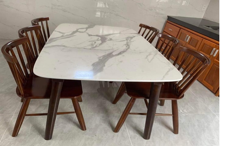 BA1406 Gỗ cao su mặt giả vân đá + 6 ghế